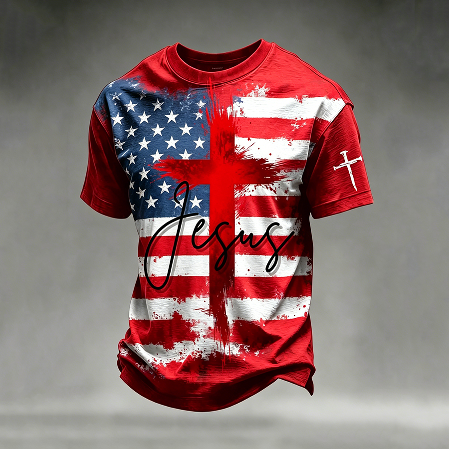 Men's Jesus USA Flag Cross Print Christian T-Shirt