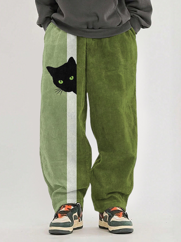 Men's Fun Hide And Seek Black Cat Print Casual Pants