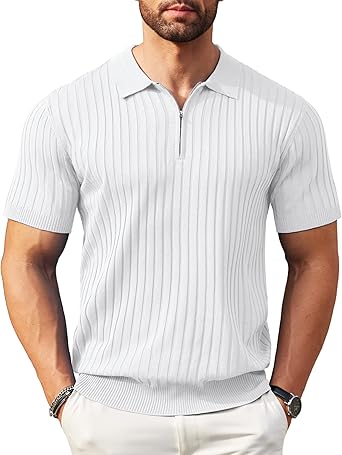 Men's Zipper Polo Shirts Short Sleeve Ribbed Knit Polo T Shirts