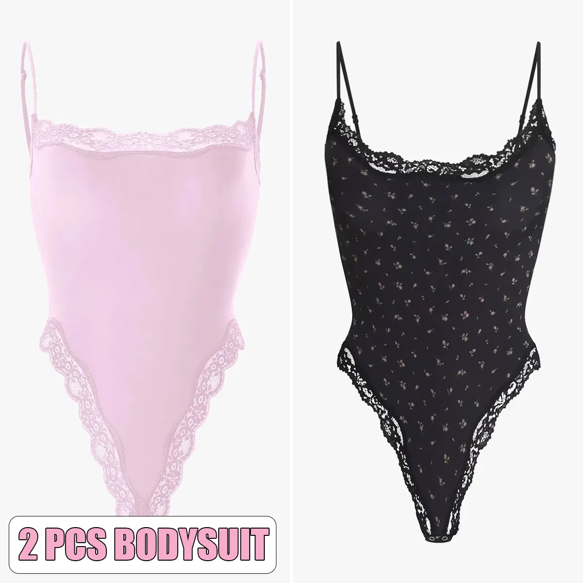 KatchMe Lace Series Women's Simple Style Spaghetti Strap Lace Trim Breathable Bodysuit