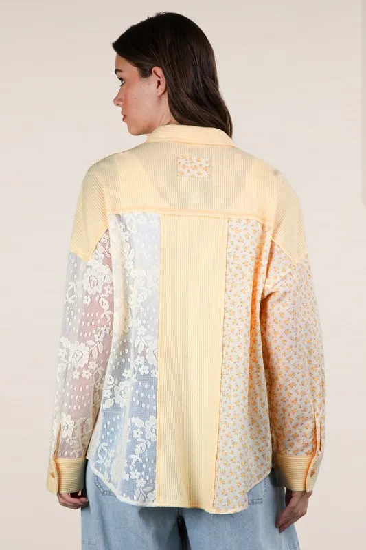 Plus Size Contrast Ribbed Knit Lace Shacket