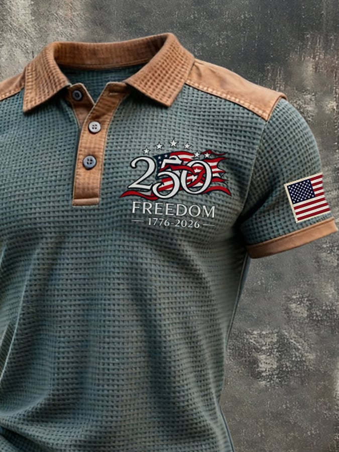Men's Retro Waffle-Knit Patriotic Color-Block Short-Sleeve Polo Shirt