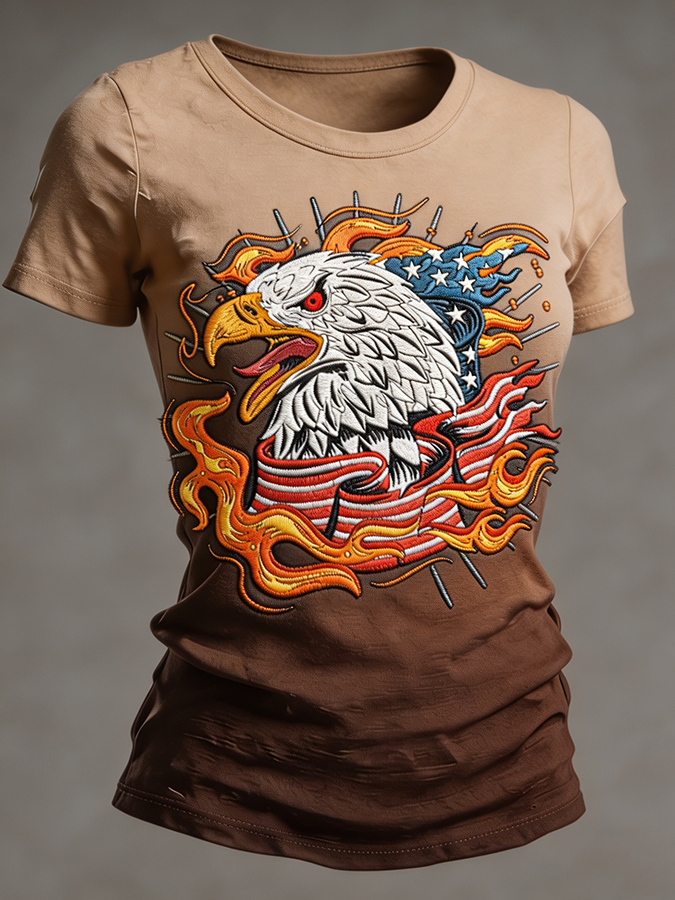 Women's Flame Bald Eagle American Flag Embroidered Gradient T-Shirt