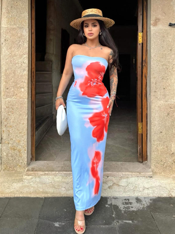Contrast Print Bodycon Tube Dress With Slits