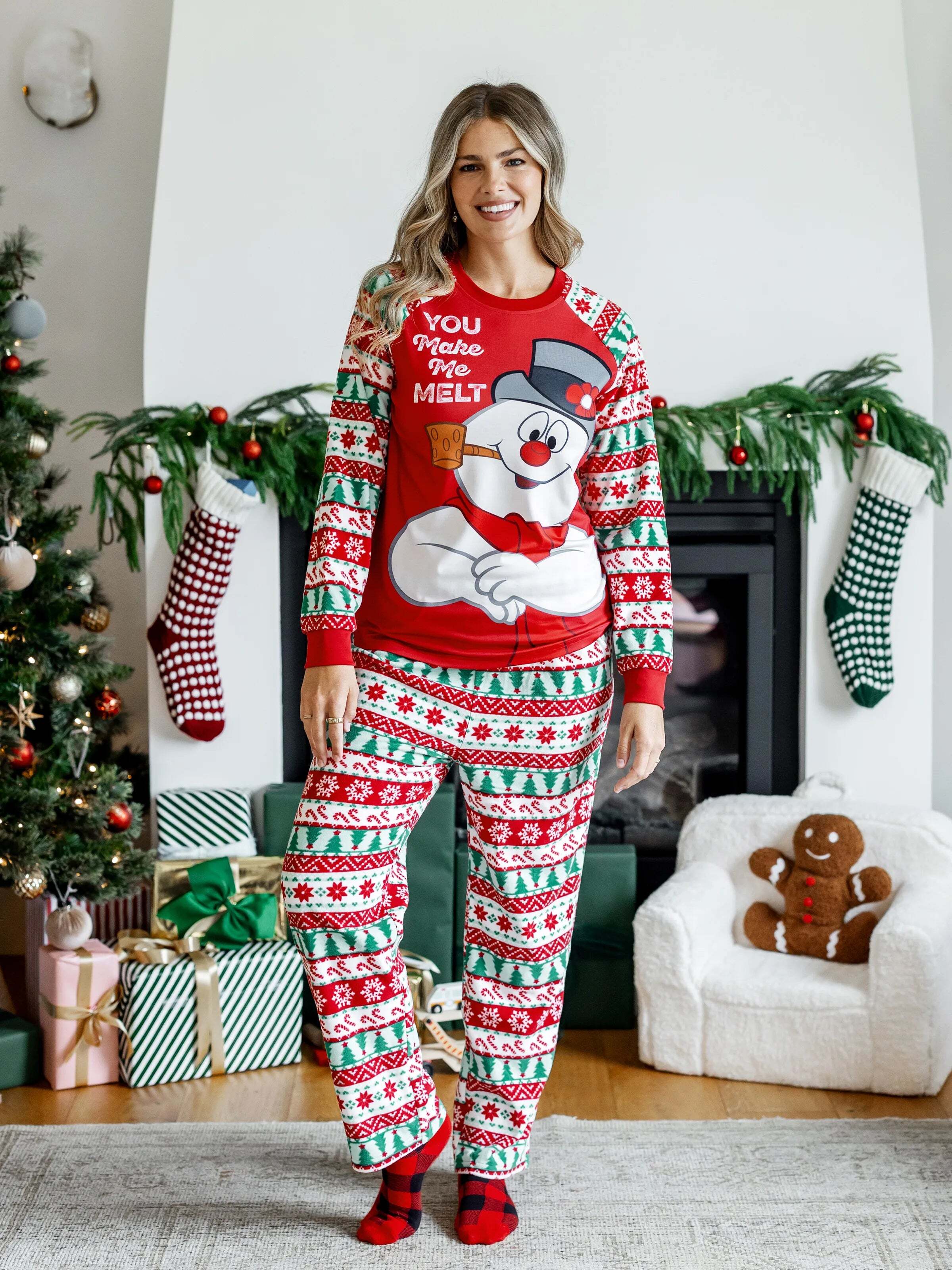 Frosty the Snowman Christmas Family Matching Fair Isle Pattern Polar Fleece Pajamas Set Red