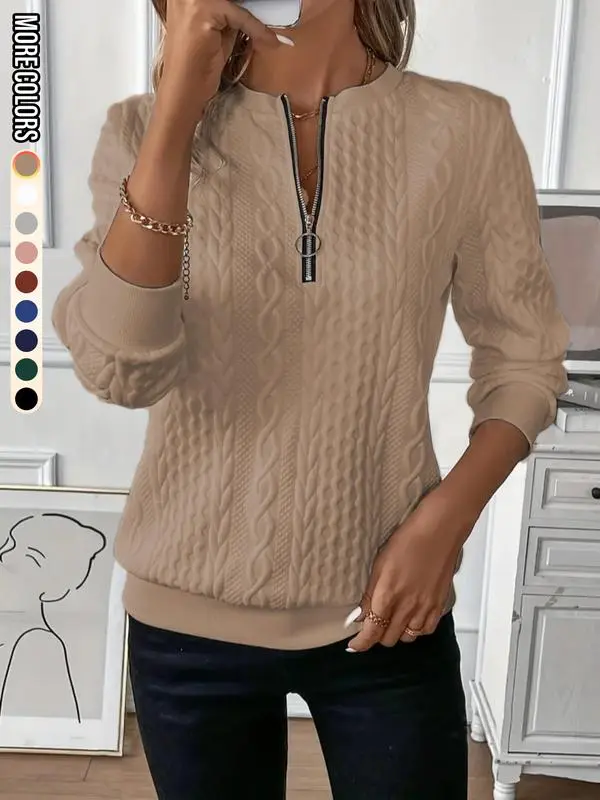 Women'S Plain Textured Half Zip Up Sweatshirt
