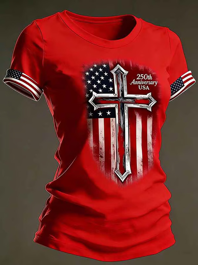 Women'S Flag Printed Casual Round Neck T-Shirt