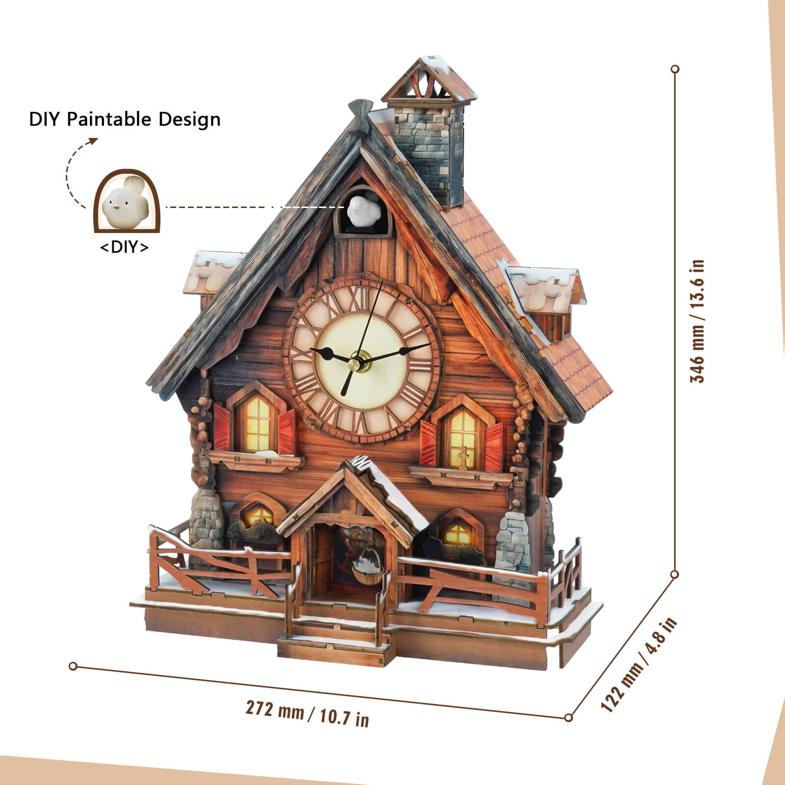 Cuckoo Chiming Swiss Chalet DIY Wood Clock, 3D Puzzle Kit