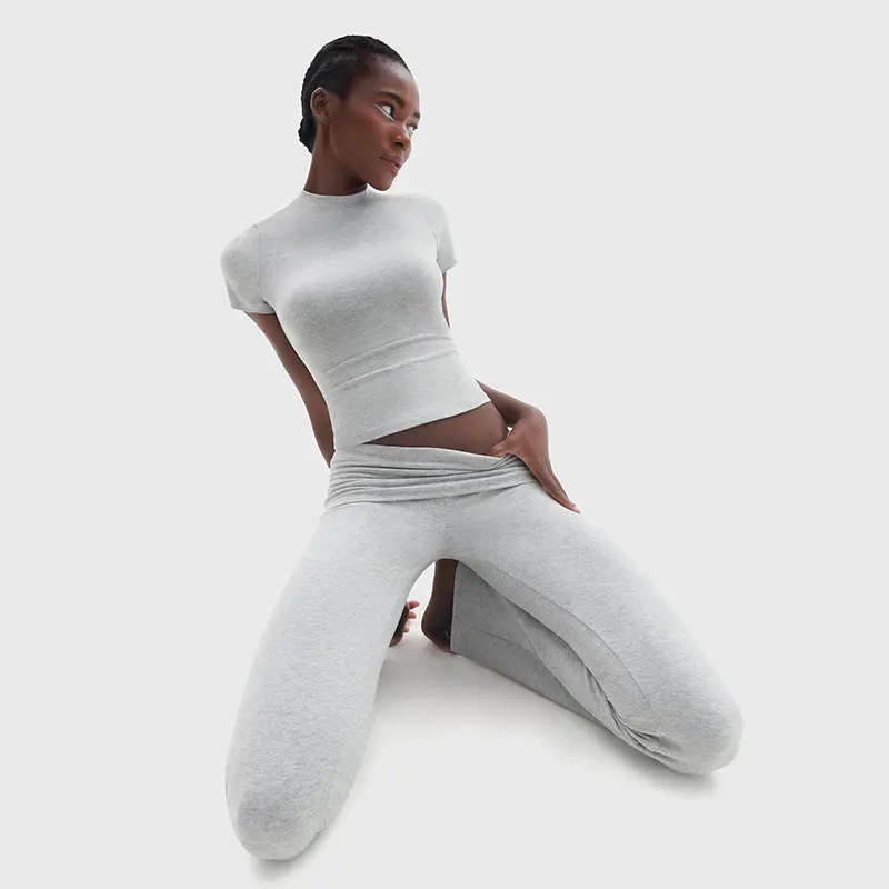 Women's Minimalist Short Sleeve & Fold-Over Flare Pants Lounge Set