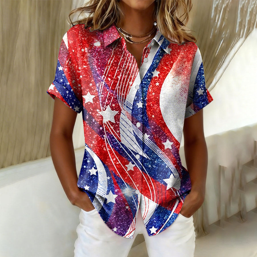 Women'S US Flag Floral Printed Cotton And Linen Shirt