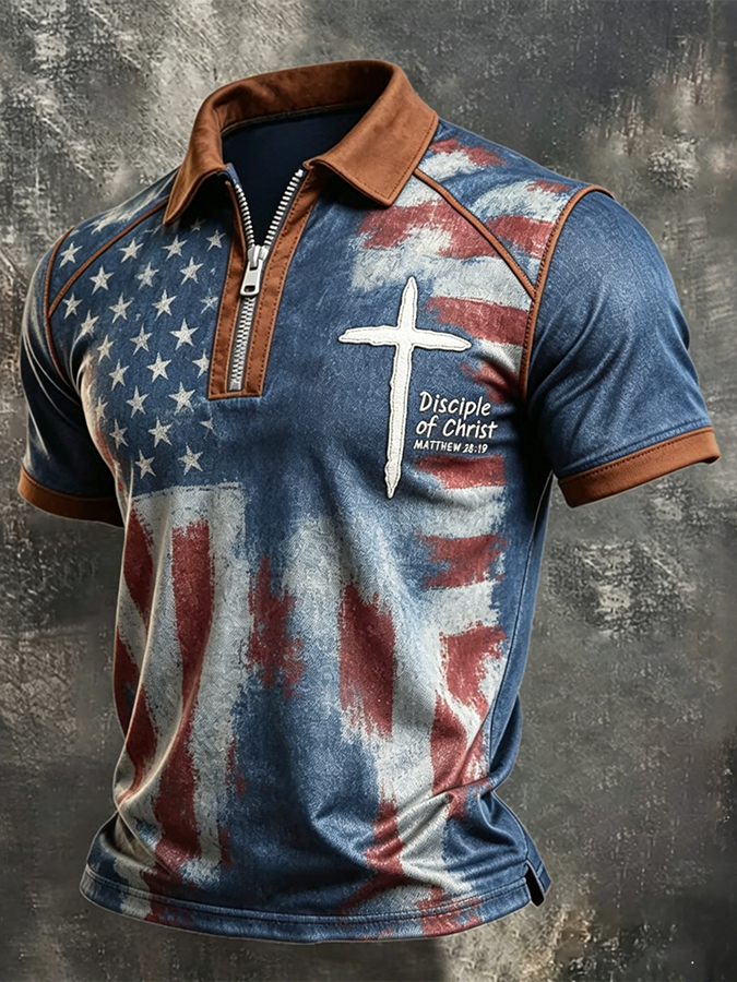 Disciple Of Christ Matthew 28:19 USA Flag Christian Zip Polo Shirt