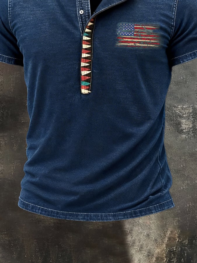 Men'S Retro Pure Cotton Washed Distressed Color-Blocked Henley Collar Short-Sleeve Top