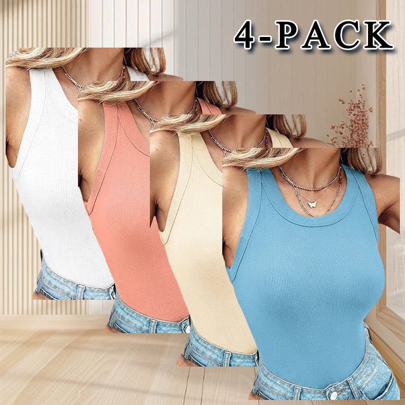 Round Neck Built-in Bra Ribbed Tank Top