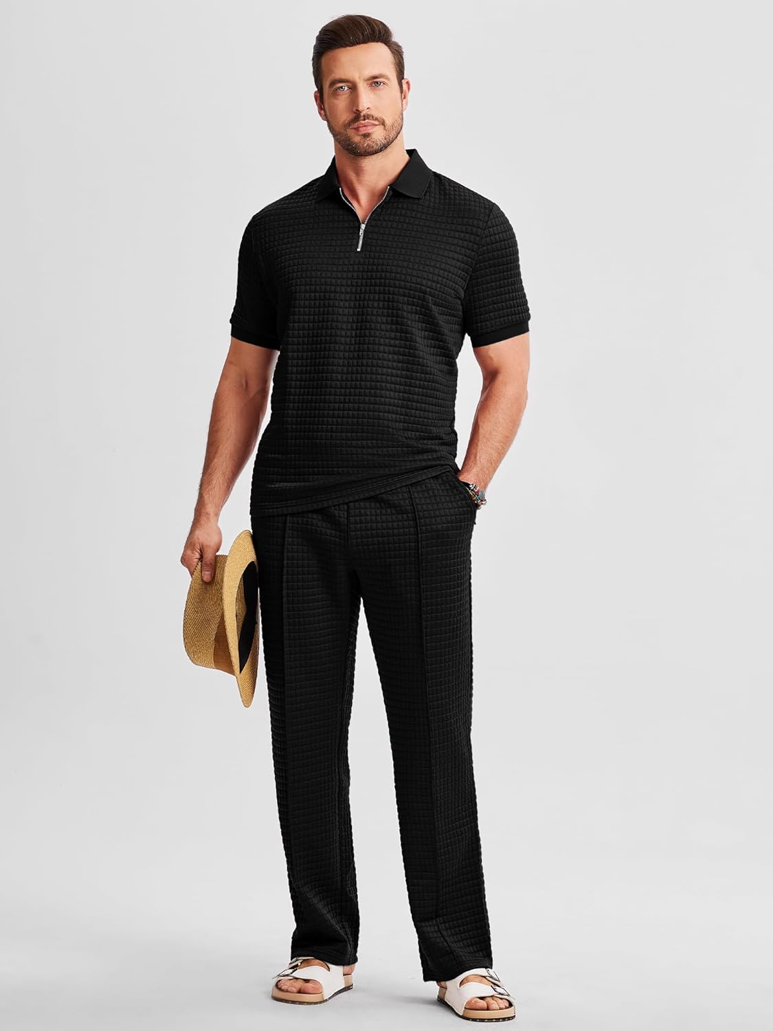 Mens Summer 2 Piece Outfits Short Sets Beach Waffle 1/4 Zip Polo Shirts Casual Loose Pant Loungewear