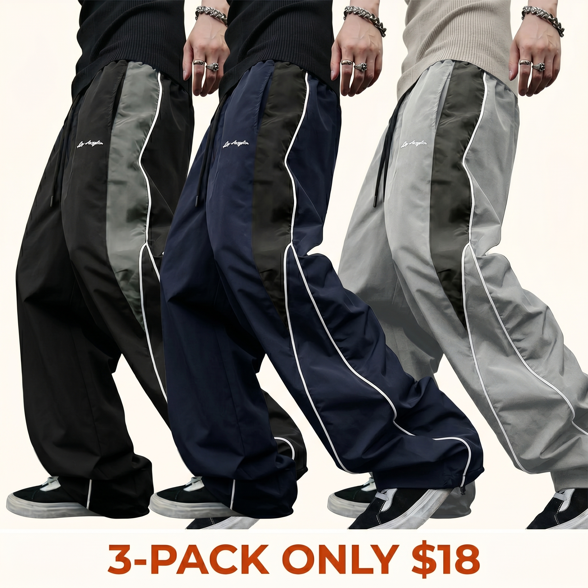 Men's High-Street Style Color-Block Spliced ​​Wide-Leg Pants with Side Stripes and Drawstrings