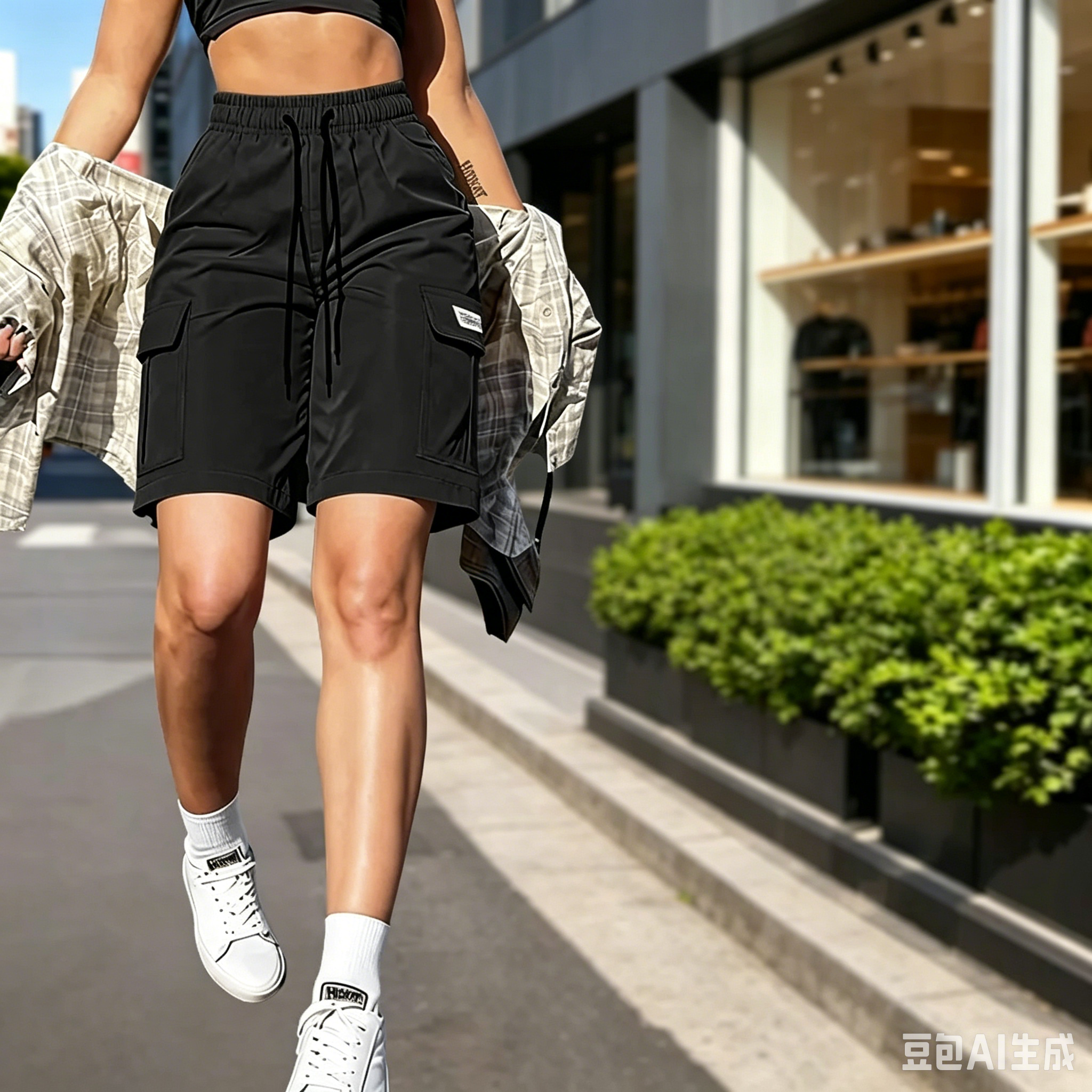 Women's Summer Cargo Shorts, featuring an elastic waistband, side pockets, and a drawstring.