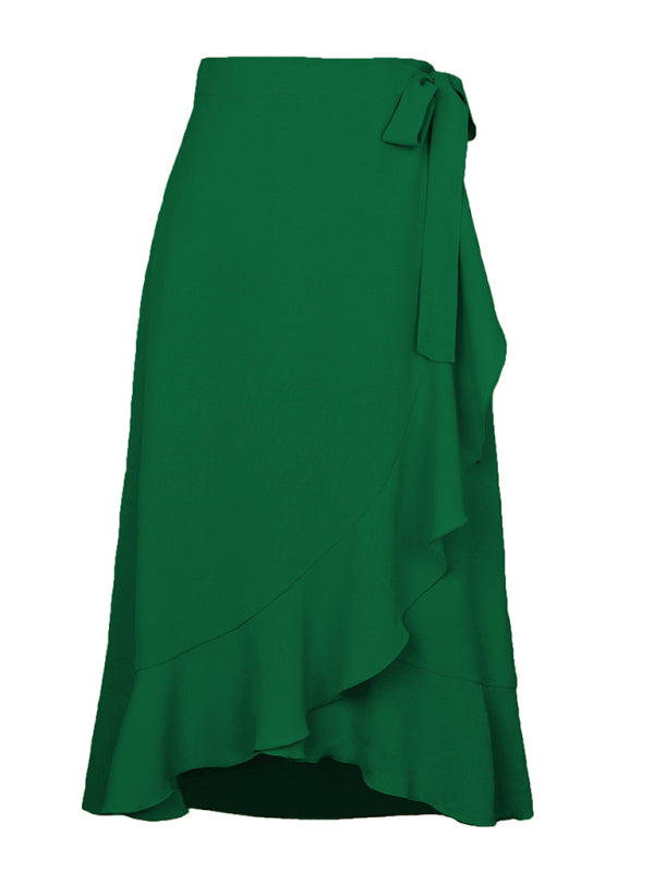 Waist Tie Solid Color Irregular Midi Flare Skirt