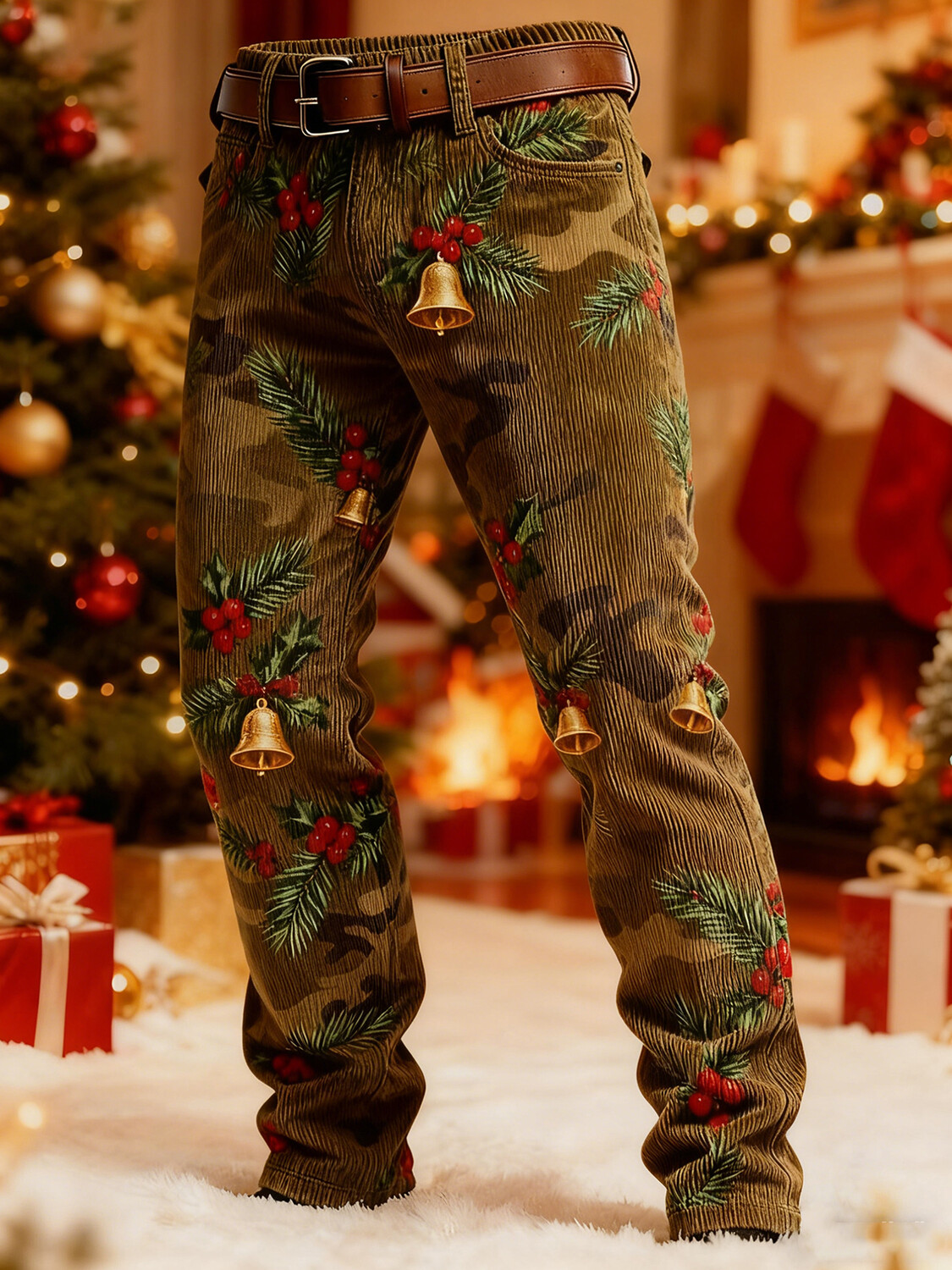 Men's Christmas Bell Holly Pine Camouflage Print Corduroy Jogger Pants