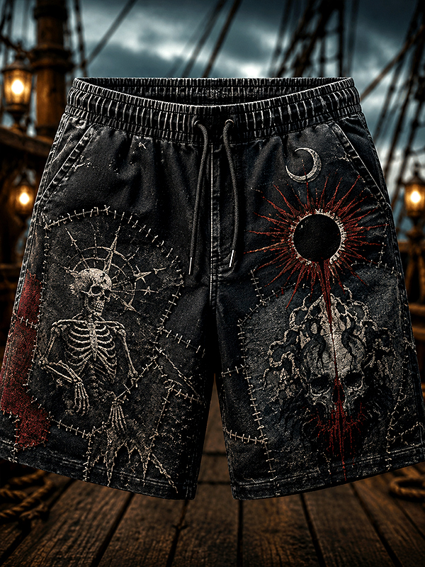 Men's Dark Skull Art Print Casual Shorts