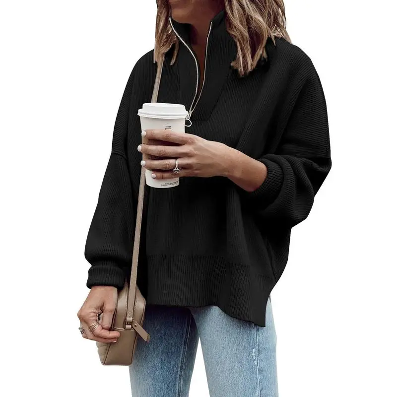 Women's Long Sleeve 14 Zip Oversized Ribbed Knit Tunic Sweater