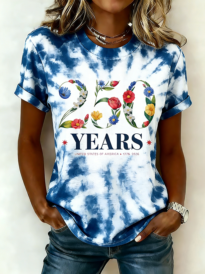 American Women'S Casual American Flag Printed Round Neck T-Shirt