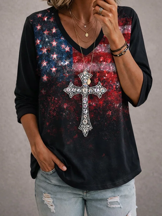 Ladies' Casual US National Day Flag Print V-Neck Long Sleeved T-Shirt