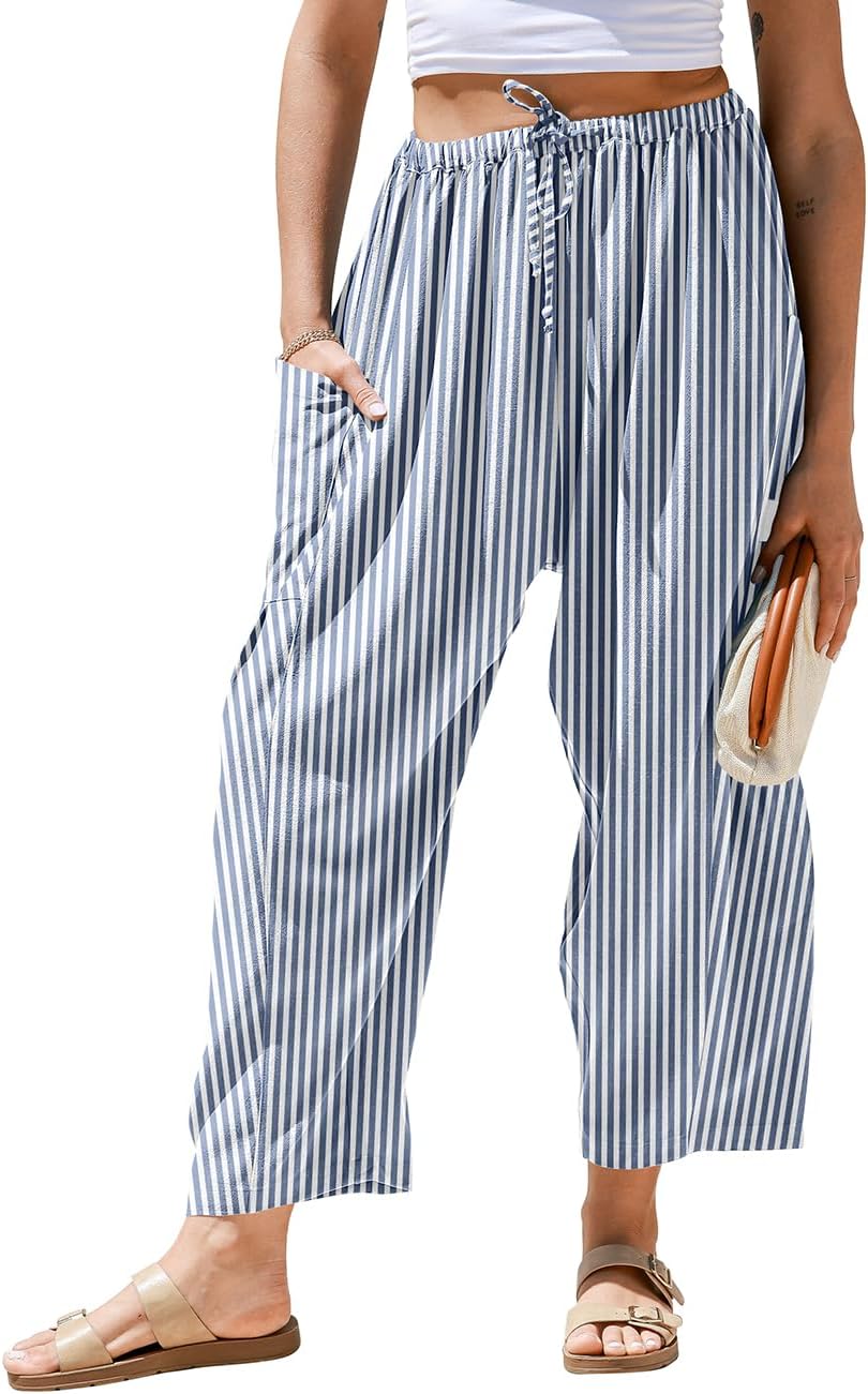 Womens Linen Wide Leg Striped Pants Casual Barrel Loose Drawstring Low Waist Palazzo Harem Pants with Pockets