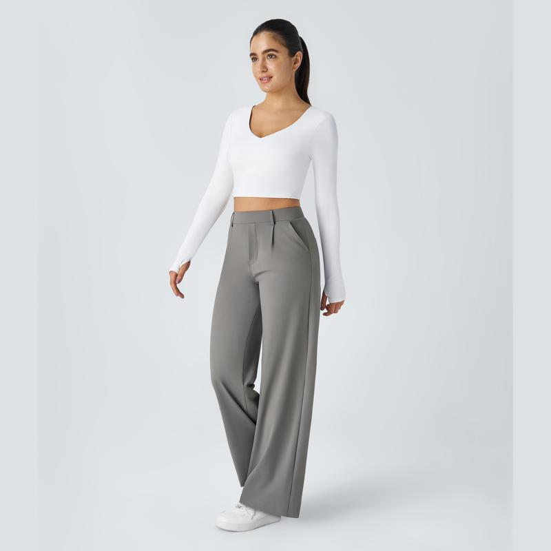 Women High Waisted Pocket Straight Leg Work Pants