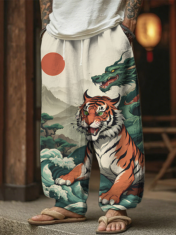 Men's Retro Mythology Art Tiger And Dragon Print Casual Pants