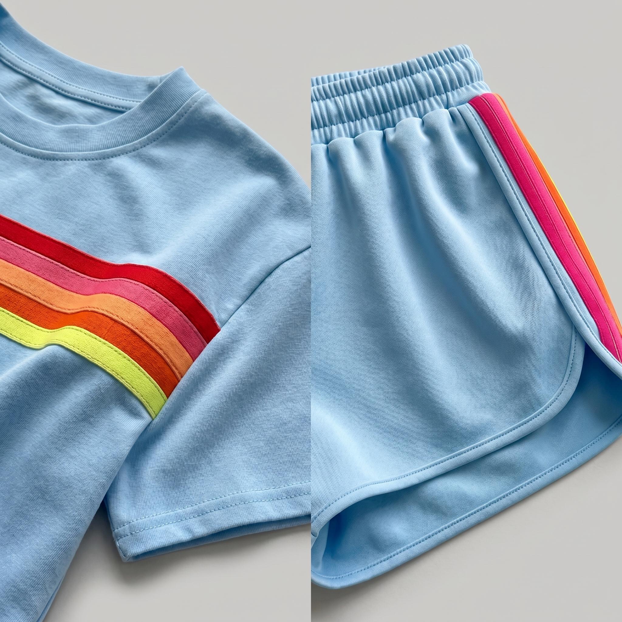 Women's Short Two-Piece Rainbow-Striped Outdoor Sports Set