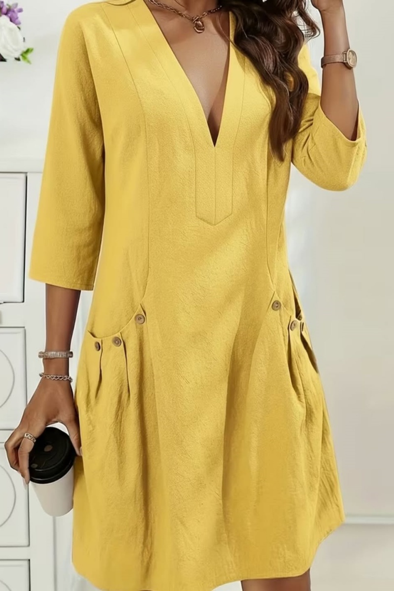 Solid Color Casual V-Neck Loose Dress