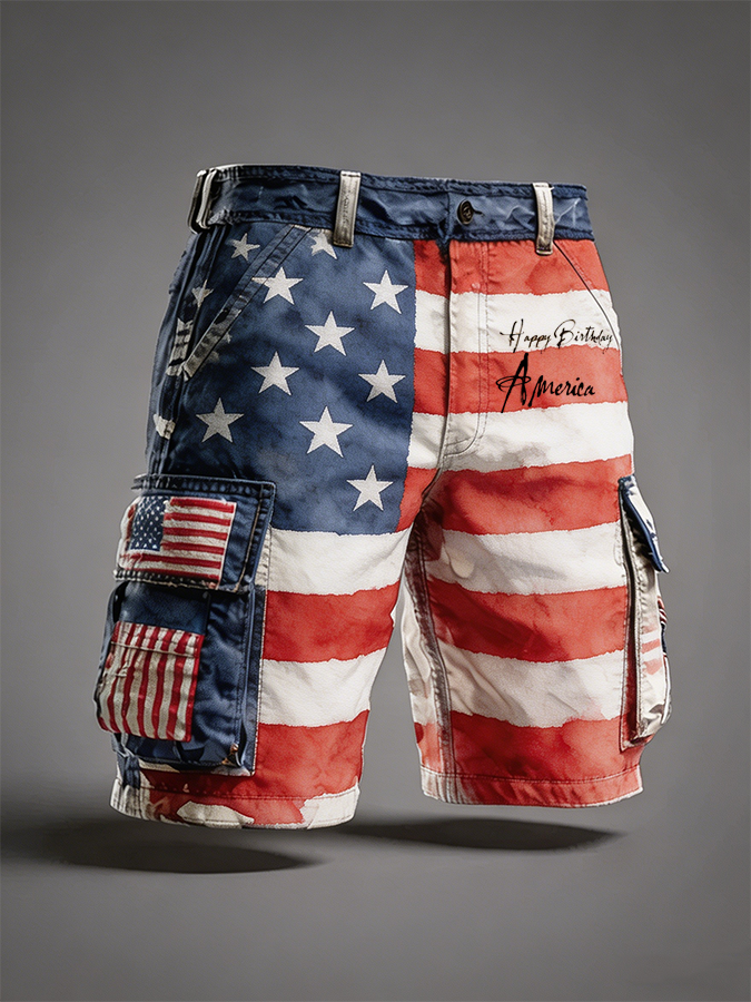 Men's Distressed American Flag Happy Birthday America Cargo Shorts Cargo Shorts