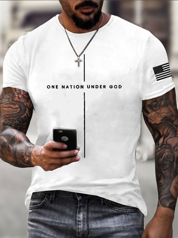 Men's Patriotic Faith Cross ONE NATION UNDER GOD Print Short-Sleeve T-Shirt