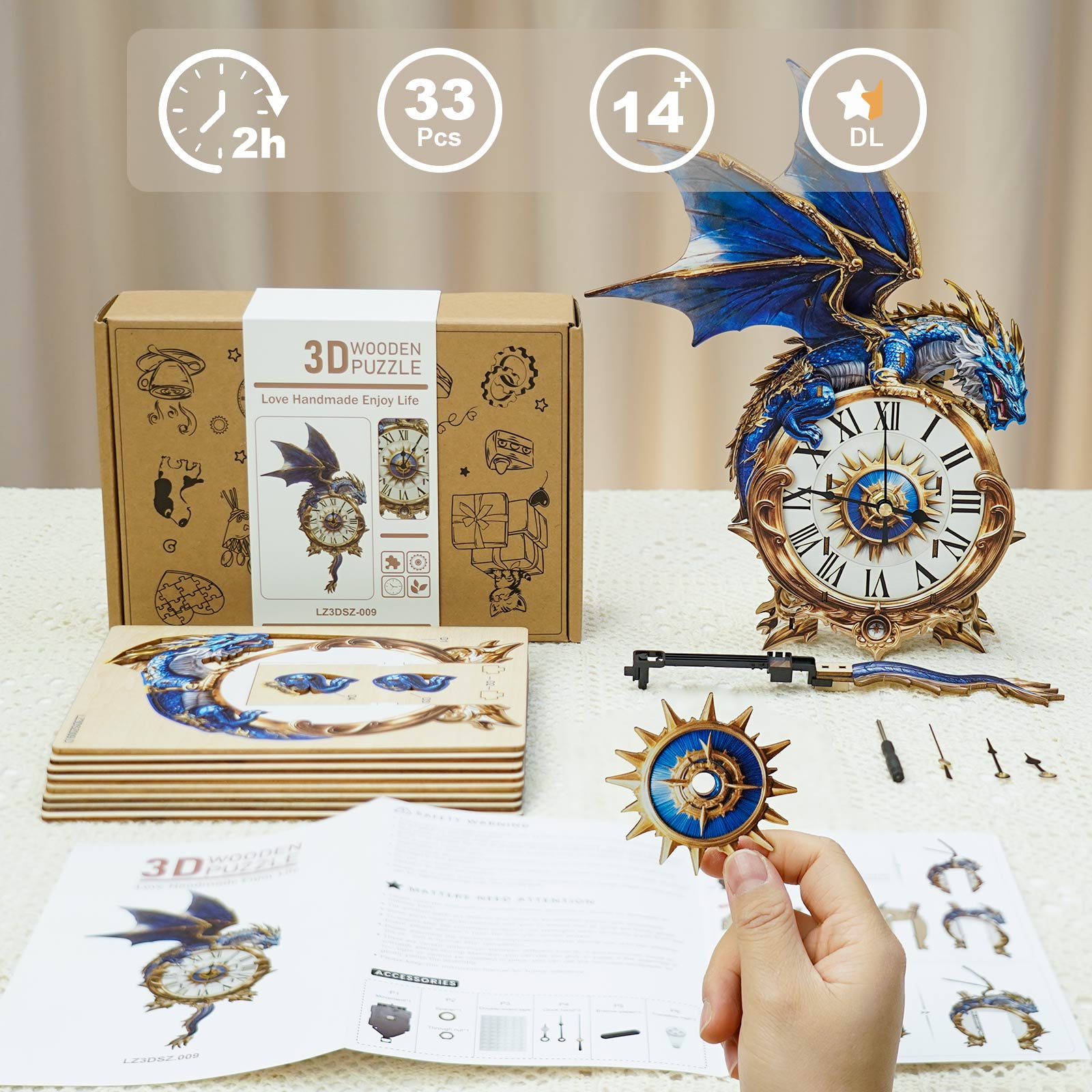 Blue DragonDIY Wooden Clock, 3D Puzzle Craft Kit