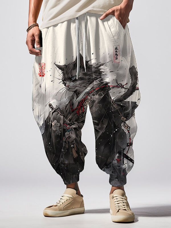 Men's Japanese Cat Samurai Ink Painting Print Loose Drawstring Waist Sweatpants