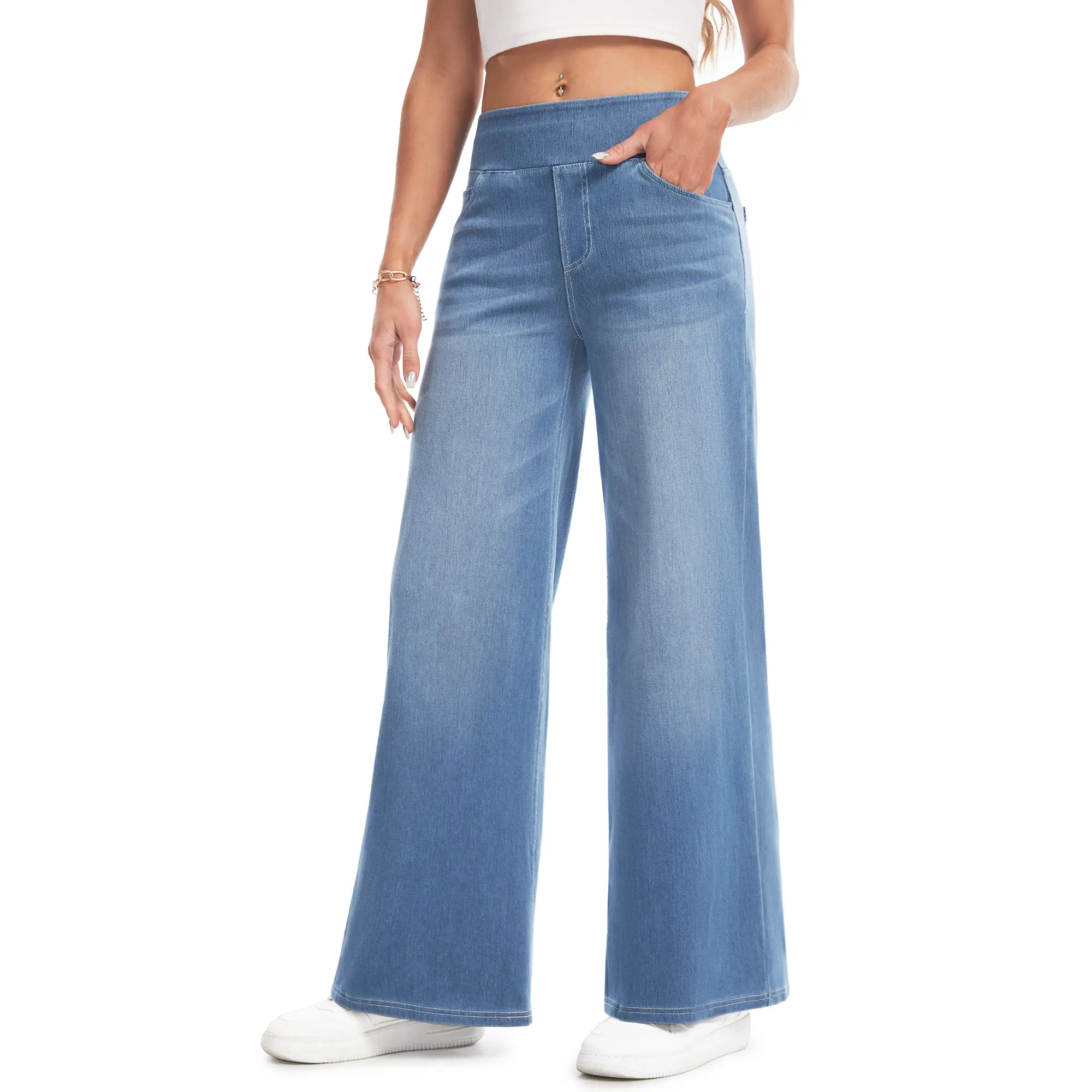 Women's Stretch Wide-Leg Jeans — Loose Fit, High-Waisted with Elastic Band