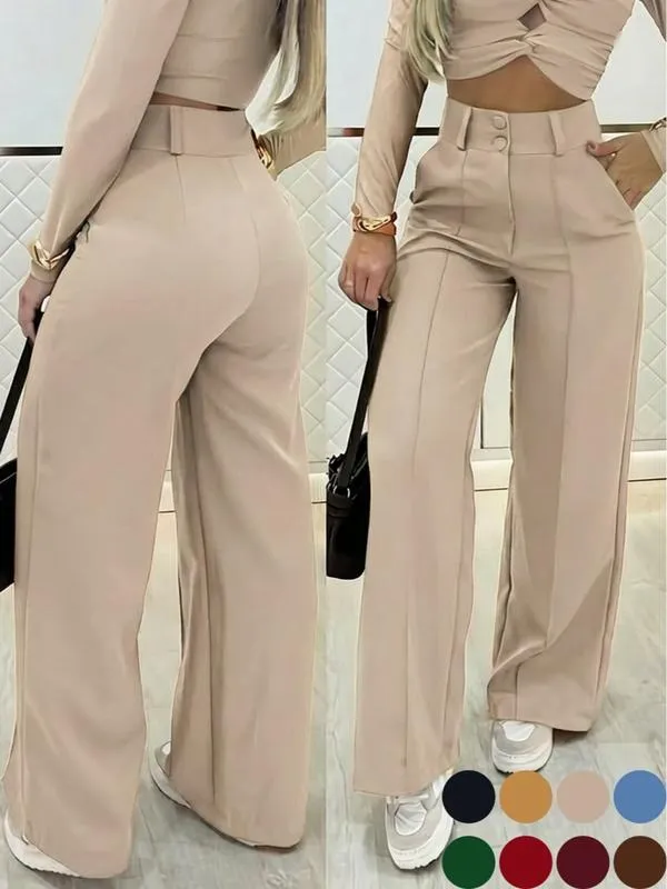 Women's Simple Wide-Leg Pants with Double Button Front