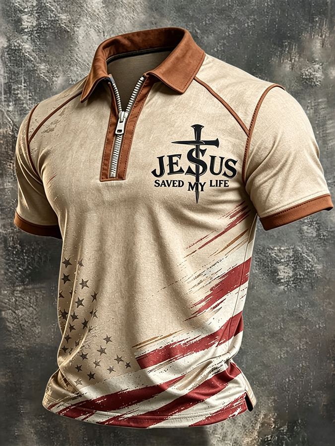 Men's Jesus Saved My Life USA Flag Christian Zip Polo Shirt