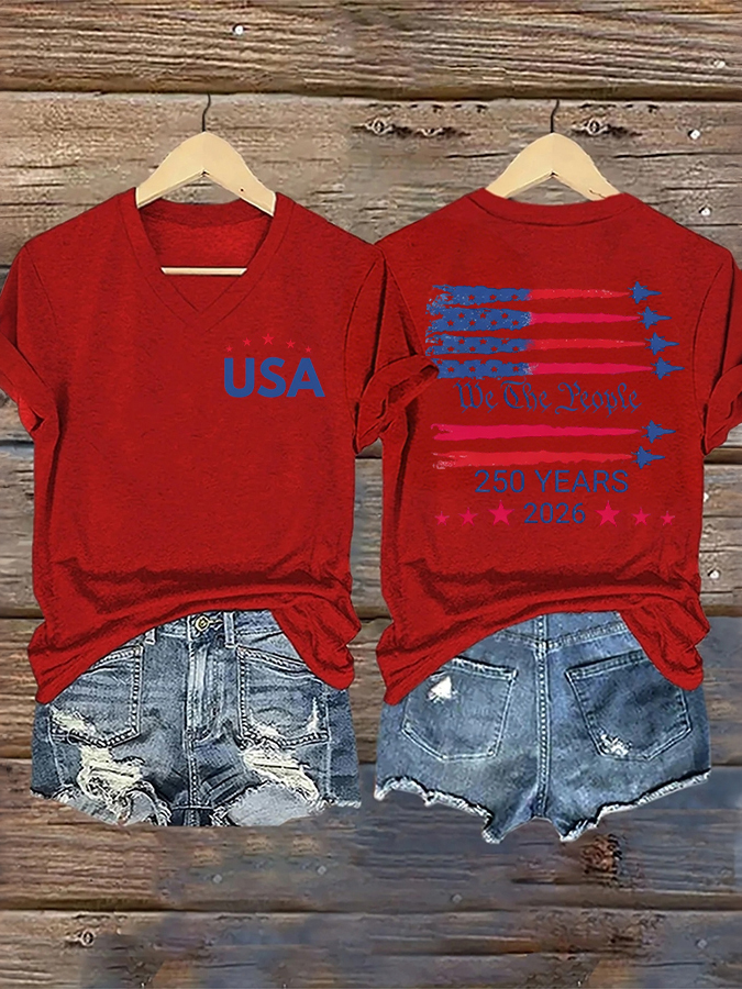Women'S Casual Flag Printed V-Neck T-Shirt