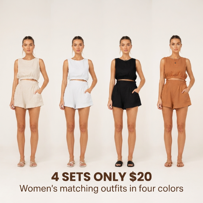 Women's 2pcs Summer Outfits Sleeveless Crop Tank Top and High Waist Pocketed Shorts Loose 2 Piece Short Sets
