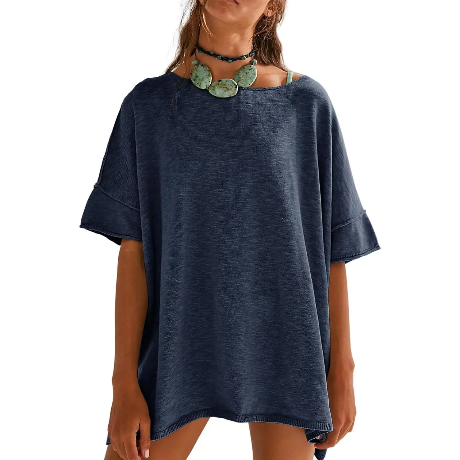 Women's Loose-Fit T-Shirt – Casual Summer Crew Neck Drop-Shoulder Short-Sleeve Top with Side-Slit Hem