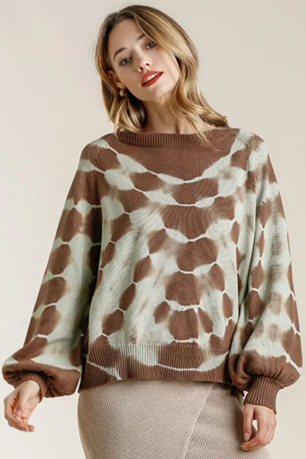 Full Size Ribbed Hem Tie Dye Round Neck Sweater Plus Size