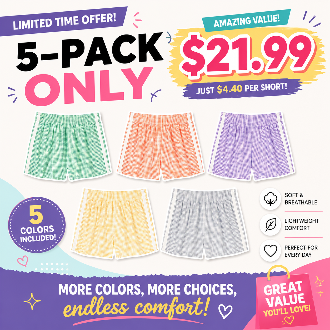 Soft Poplin 100% Pure Cotton Sleep Shorts with Openwork Lace Trim