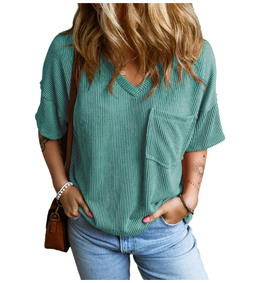Women's Oversized Summer T Shirts Tops V Neck Short Sleeve Ribbed Knitted Casual Loose Fit Blouses