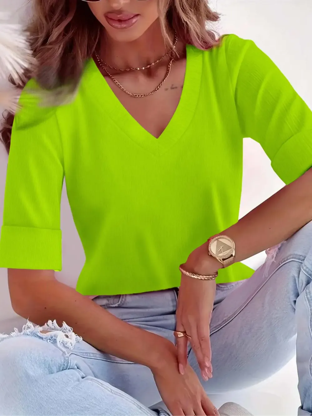 Plus Size Solid V Neck Roll Up Sleeve Tee, Casual T-shirt , Women's Plus Clothing for Daily Wear, Cute Tops, Quality and Durability