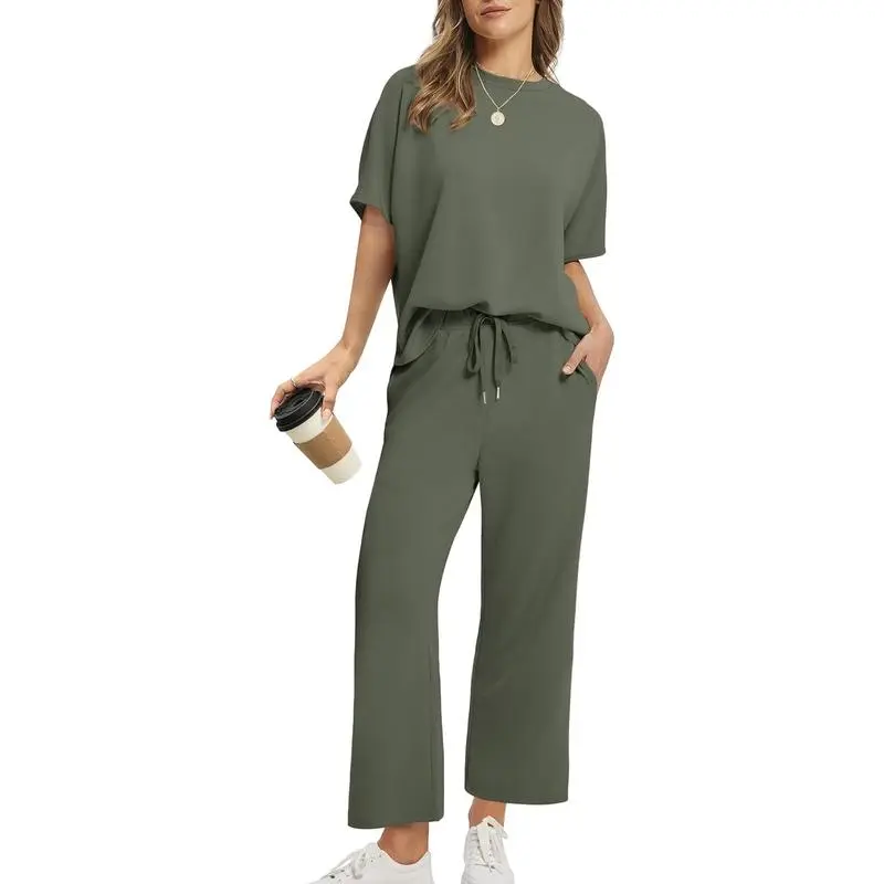 Two Piece Sets for Women Summer Outfits Oversized Wide Leg Crop Pants Lounge Sets