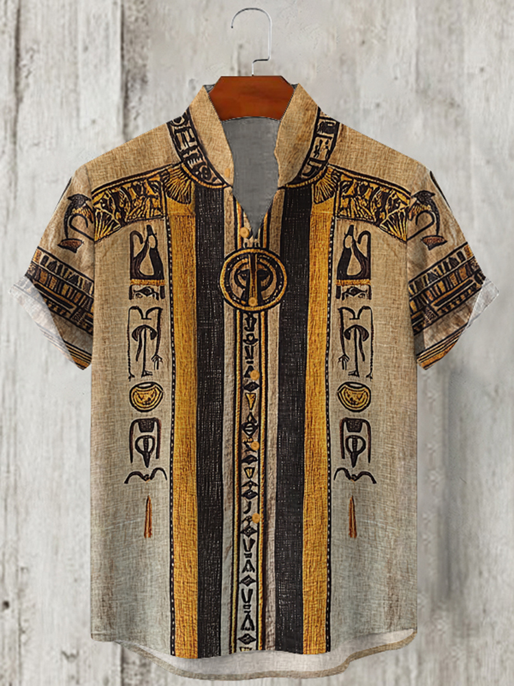 Ancient Egyptian Patchwork V-neck Linen Shirt