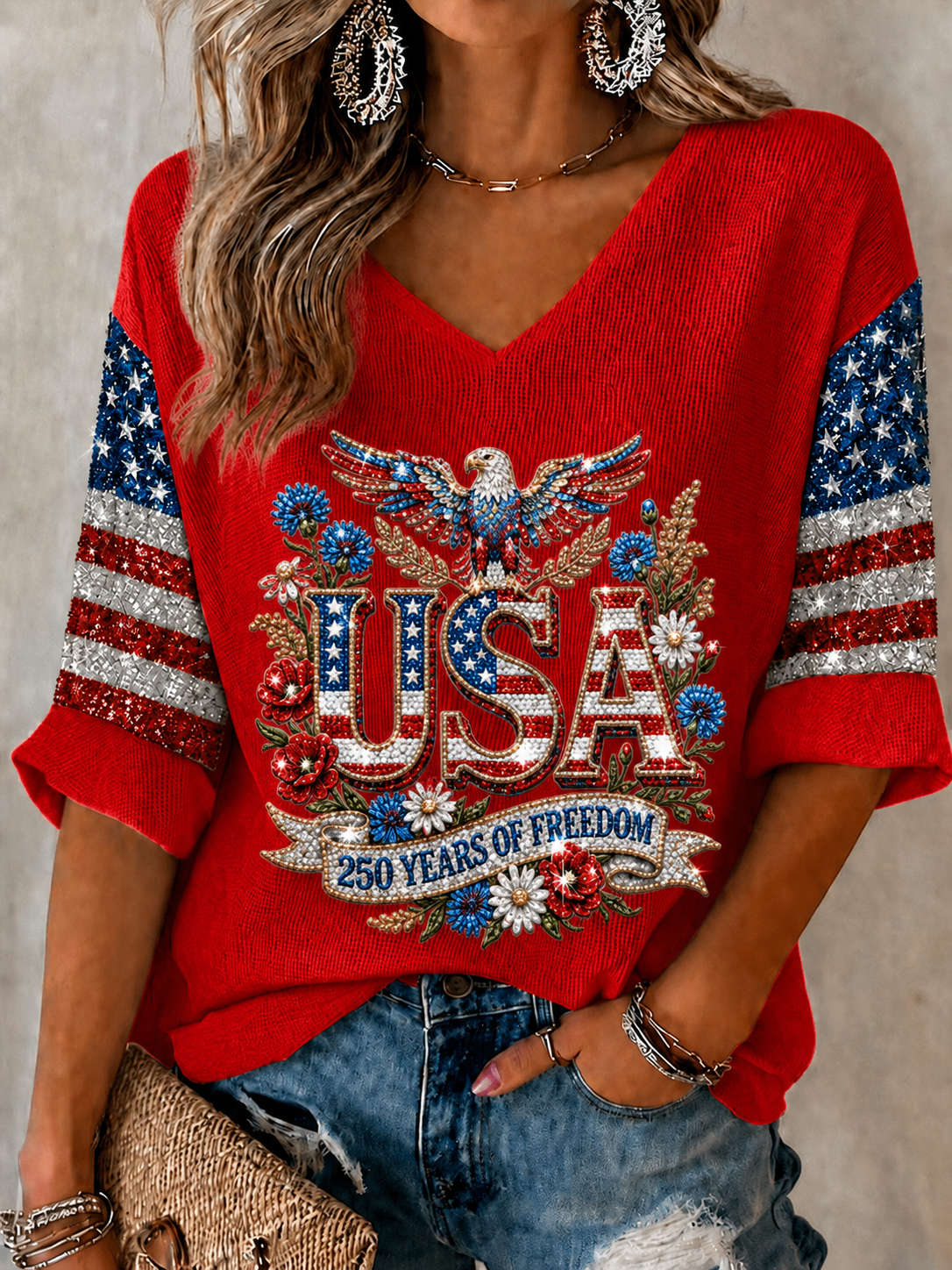 Women'S Retro Independence Day Art Printed Casual T-Shirt