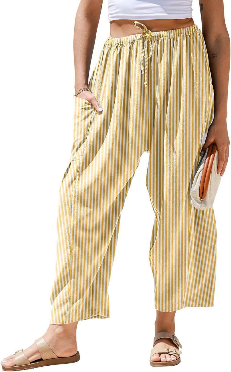 Womens Linen Wide Leg Striped Pants Casual Barrel Loose Drawstring Low Waist Palazzo Harem Pants with Pockets