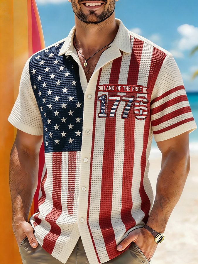 Men's 1776 Land of The Free American Flag Waffle Knit Beach Shirt